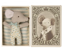 Maileg Sleepy-Wakey Baby Mouse In A Matchbox | Blue